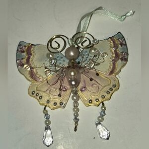 Vintage Resin Pastel Butterfly Ornament Hanging Decor W/Bead Wire Accents Ribbon